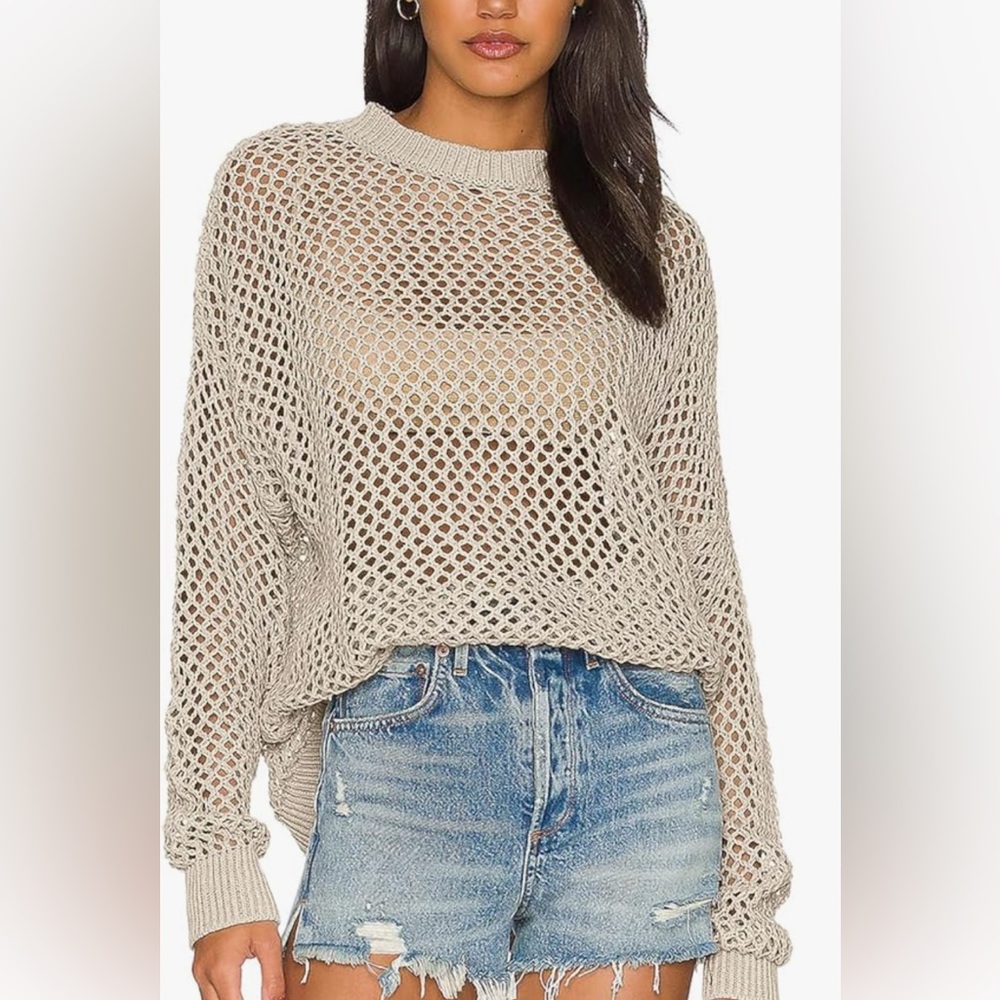 Chicos Crochet Knit  Tunic Pullover 3/4 Sleeve Ivory Semi Sheer Size 2/L